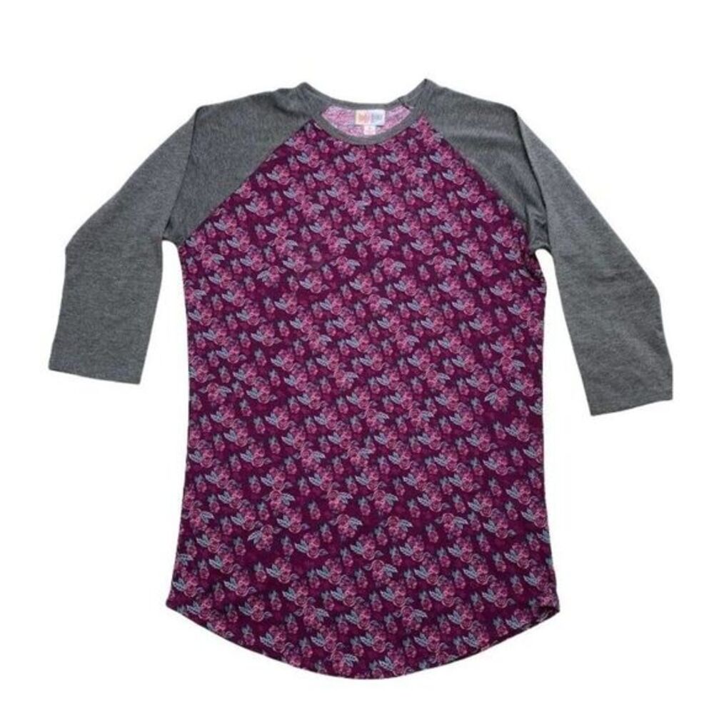 LuLaRoe Randu Purple Gray Rose‎ Floral Raglan Sleeve Top Small New